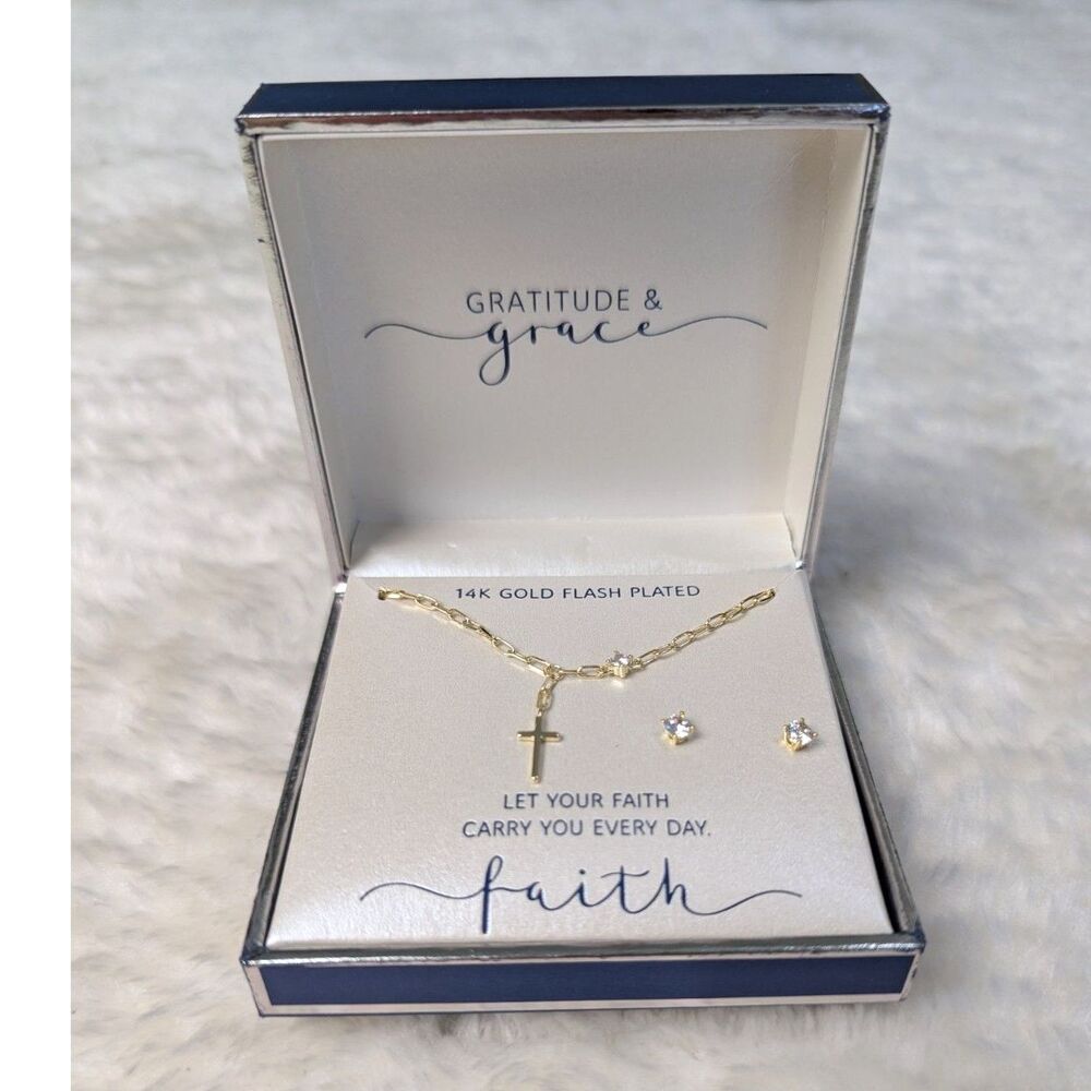 Gratitude & Grace 14K Gold Flash Plated Cross Necklace Earrings Set